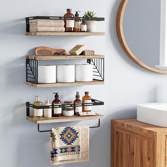 Fixwal Bathroom Shelves Over Toilet, Floating Shelves Wall Mounted with Metal Frame and Towel Bar for Bathroom, Kitchen, Bedroom, Living Room (3 Plus 1 Rustic Brown)