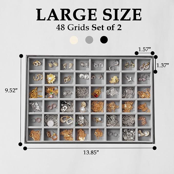 Large Jewelry Organizer Tray 2 Pack, Stackable Jewelry Storage Holder for Drawer Inserts, PU Leather Velvet Jewellery Display Case for Earring Bracelet Necklace Ring (Black Gray, 48 Grids)