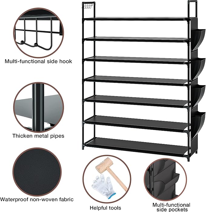 OYREL Large Capacity 7 Tier Shoe Rack, Black, 33.3in Wide x 11.2in Deep x 48.7in Tall, Holds 28-35 Pairs of Shoes, Ultra-Minimalist Style, Waterproof and Durable