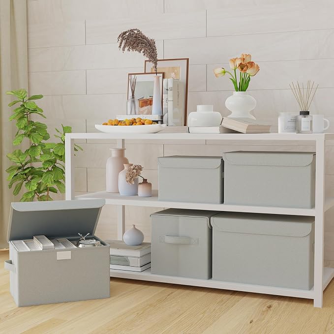 Storage Bin with Lid, Closet Boxes, 2 Pack, Grey, 10.2x7.9x6.7 In | Fabric Organizers System with Cover, Collapsible Stackable Clothes Basket with 2 Handles, for Kitchen Cupboards, TV Consoles