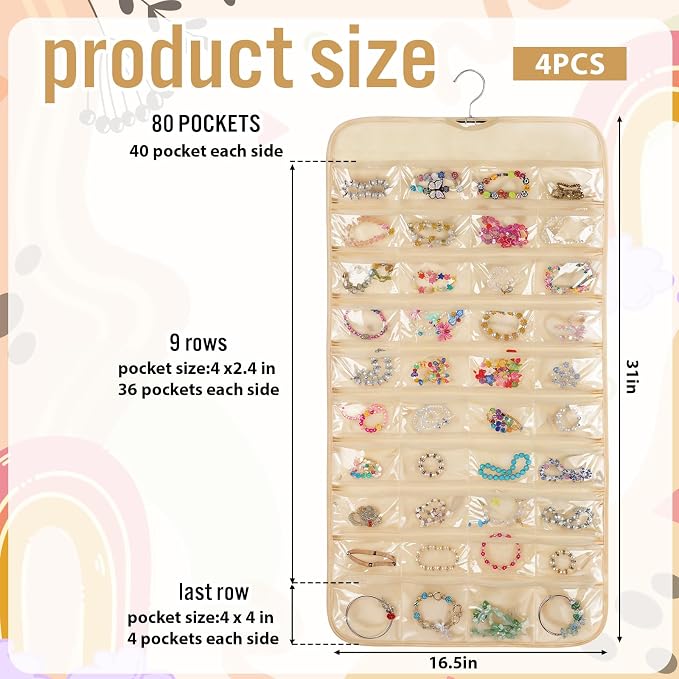 4 Pcs Hanging Jewelry Organizer with 80 Pockets | Dual-Sided Jewelry Holder Hanging Storage Organizer Hanger Closet for Bracelet Necklace Ring Earring Accessories, Beige