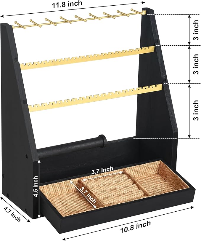 DGWJSU Jewelry Organizer Stand, 5 Layer Earring Holder Organizer with Necklace Holder, Rustic Wood Earring Organizer Display for Stud Earring Bracelet Necklace Ring, Watches (Black Gold)