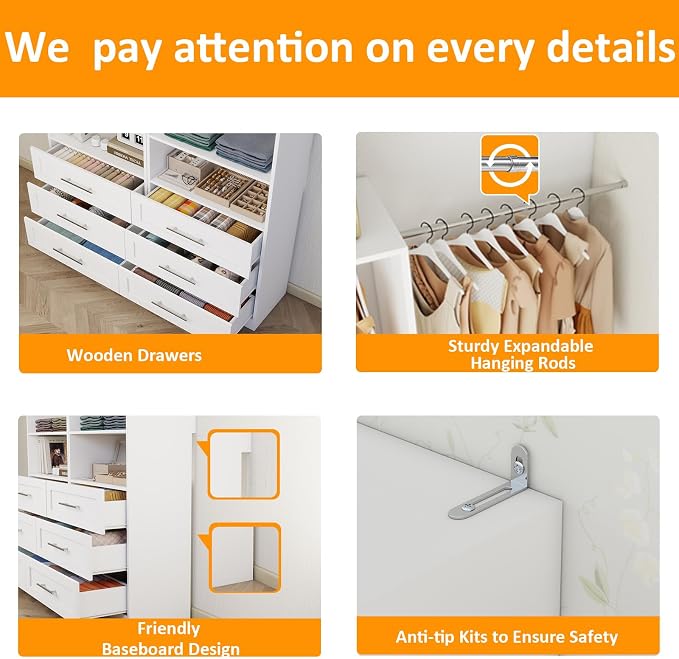 Closet System with 3 Wooden Drawers, 4.5-6FT Corner Closet Organizer System for Walk in Closet, Heavy Duty Modular Closet Systems, Built-in Shelving System with 5 Hanging Rods, 2-Piece Set