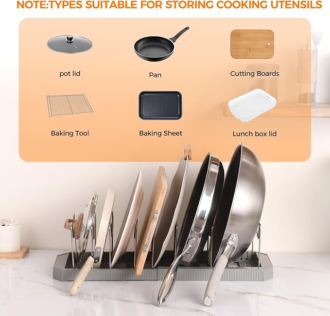 Adjustable Pot Lid Organizer, 9 Compartment Cabinet Storage for Pans, Grey | Width adjusts 12 to 20 in, holds pots pans lids cutting boards, wire dividers, non-slip feet, space-saving for kitchen