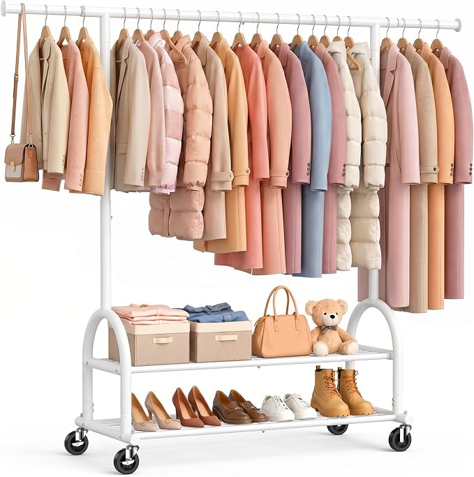 EAGMAK Heavy Duty Clothes Rack for Hanging Clothes Load 556 LBS, Height Adjustable Rolling Clothing Racks, Portable Metal Coat Rack Garment Wardrobe with Wheels and Shelves for Bedroom Laundry, White