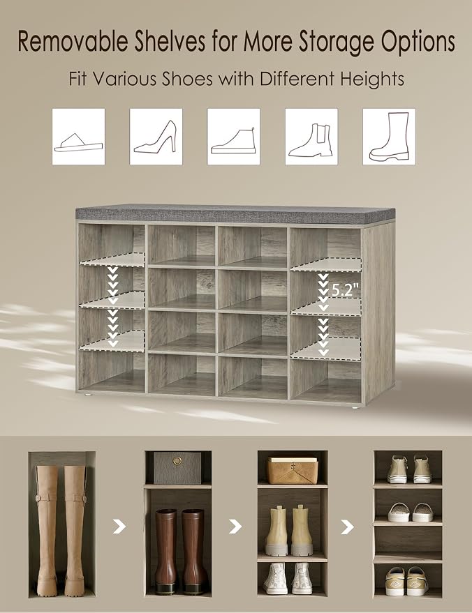 DINZI LVJ Shoe Storage Bench with Cushion, 16-Cubby Shoe Rack, Adjustable Shelves, Multifunctional Shoe Organizer Bench for Entryway, Mudroom, Hallway, Living Room, Bedroom and Garage, Gray Wash