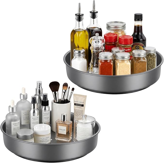 2PCS 9.8" Black Metal Lazy Susan Turntable Organizer | Non-Slip, Easy to Wipe, 360°Rotating Spinning Tray, For Cabinet, Pantry, Table Top, Fridge, Bathroom Vanity, Kitchen Decor