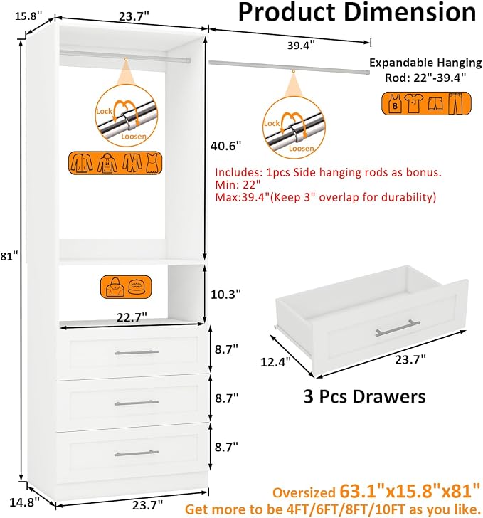 Closet System, 2FT-5FT Closet Organize System with 3 Wooden Drawers, 2 Hanging Rods & Shelf, Small Walk in Closet System Storage, Modular Closet System, White(2FT)
