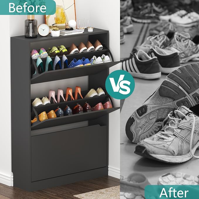 Wodeer Narrow Shoe Cabinet for Entryway, Slim Shoe Storage Cabinet with 3 Flip Drawers, Hidden Wood Shoe Cabinet Storage, Freestanding Shoe Rack Organizer Foyer, Hallway, Black