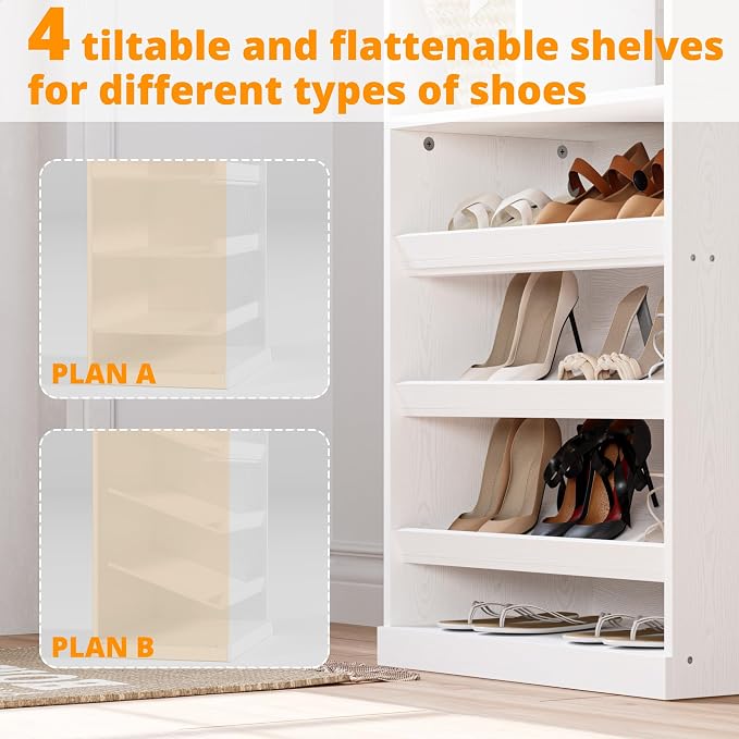 IRONCK Tall Shoe Storage Cabinet with Adjustable Shelves and Cubbies, White | Narrow Shoe rack Storage Organizer for entryways, closets, bedrooms and small apartments