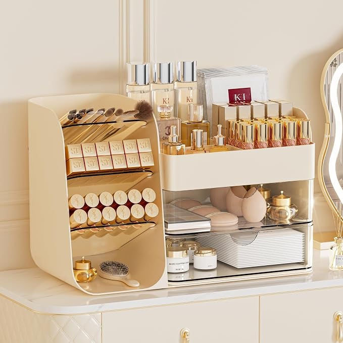 Makeup Organizer with Drawers, Large Capacity Countertop Organizer for Vanity, Bathroom and Bedroom Desk Cosmetics Organizer, Easy To Storage Skincare,Brushes, Eyeshadow,Lipstick (All Cream)