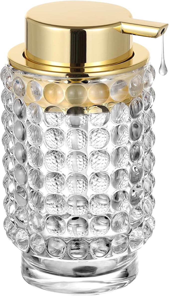 Glass Liquid Soap Dispenser, Refillable Liquid Dispenser with Gold Pump, Hand Soap Dispenser for Bathroom Kitchen, Modern Home Bathroom Decor （Liquid Type/Clear）