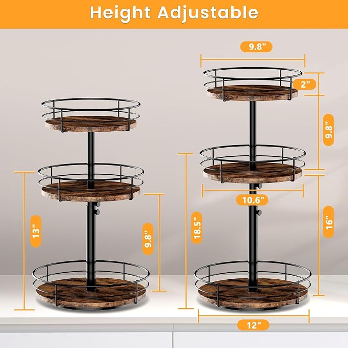 3 Tier Lazy Susan Spice Rack Organizer 360° Rotating, Black | Adjustable Height, For Kitchen Bathroom Countertop Pantry, Spinning Organizer, Table Top