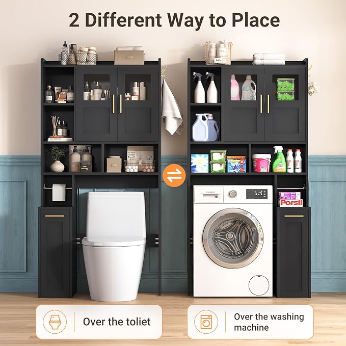 ELYKEN Over The Toilet Storage Cabinet with Pulley Bathroom Storage Cabinet, Home Space-Saving Over Toilet Rack with Glass Doors & Adjustable Open Shelf for Bathroom, Restroom, Laundry,Black