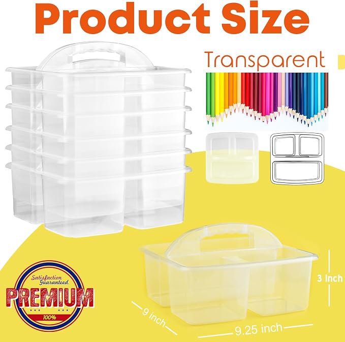 ALINK Plastic Classroom Caddy Organizer with Handle, 6-Pack 3 Compartments Portable Plastic Storage Caddy for Classroom Organization, Table, Desk, Office, Craft Art, Teacher Supply - Clear