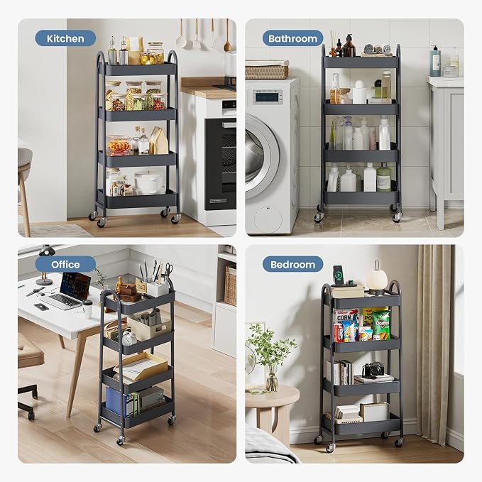 DUMOS 4 Tiers Rolling Utility Cart, Storage Organizer, Shelving Unit | Metal, Lockable Wheels, Mobile, Kitchen, Bathroom, Laundry, Narrow Places, Gray
