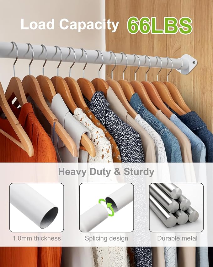 Closet Rod for Hanging Clothes Upgraded Extra Strong, 52 to 64 Inches Adjustable Heavy Duty Closet Rod, White