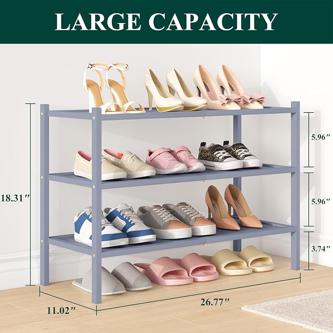 Smiry Bamboo Shoe Rack, 3 Tier Shoe Organizer for Entryway & Closet, Stackable Free Standing Storage Shelf for Shoes, Bags & Plants, Grey