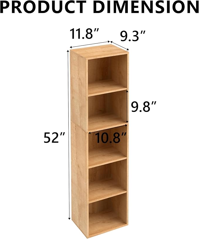5-Tier Wooden Cube Storage Organizer, 52 Inch Tall Bookcase & Display Shelf with 5 Open Cubes, Freestanding DIY Closet Shelving Unit for Living Room Bedroom Office (Oak, 5 Cube-W(11.8inch)