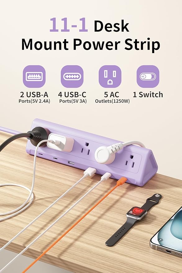 6.5 FT Desk Clamp Power Strip with 5 AC Outlets & 6 USB Ports PD 40W USB-C Fast Charging, Extension Cord with Multiple Outlets, Fits 2.1 in top Edge Purple