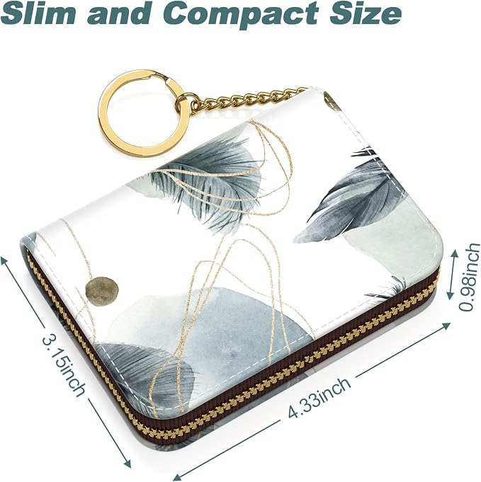 Nipichsha Credit Card Holder, Small RFID Card Wallet for Women, Slim Leather Card Holder Wallet, Credit Card Wallet Organizer, Pocket Business Card Case with Zipper & Keychain, Feather