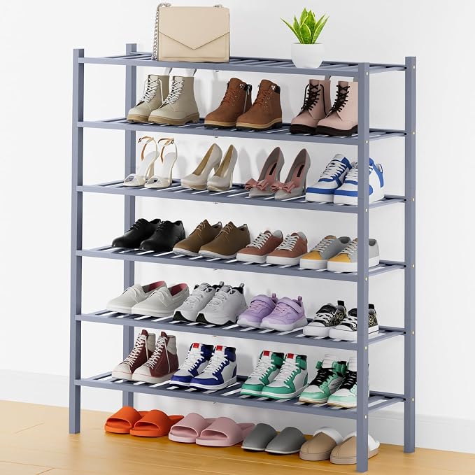 Smiry Long Bamboo Shoe Rack, 6 Tier Free Standing Wooden Shoe Organizer, Stackable Wood Shoe Storage Shelf for Closet, Entryway, 12 Vertical Slats, 2+2+2 Stack Standard Legs, 33.7"x11"x39", Grey