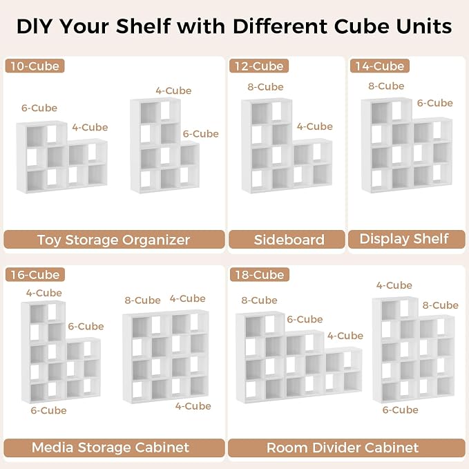 LUCKLIFE 9-Cube Storage Organizer, Stackable Modular Bookcase Shelf with Vertical or Horizontal Use, Fits 11×11" Bins, Optional Back Panels, for Living Room, Office, White