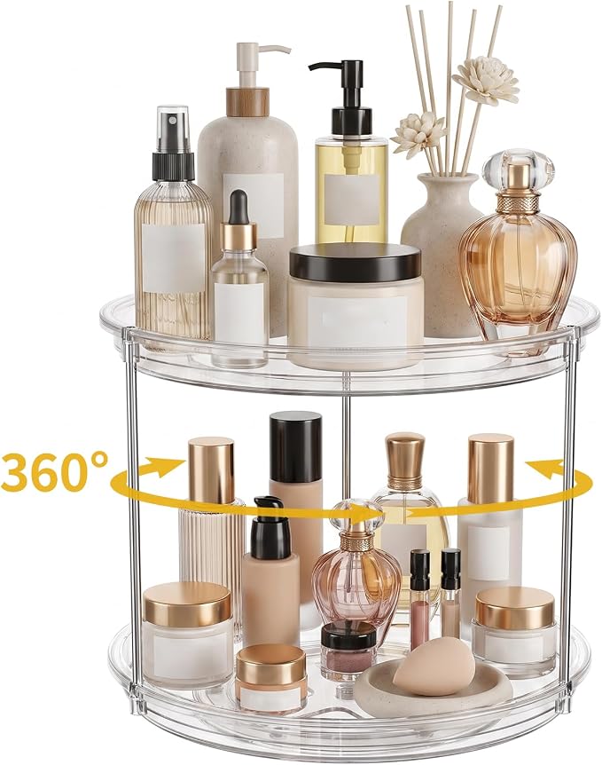 360° Rotating Makeup Organizer 2 Tier 9" Clear Lazy Susan Turntable Skincare Perfume Organizer Bathroom Countertop Vanity Tray Space-Saving Cosmetic Storage for Dresser