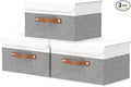 OUTBROS Large Fabric Storage Box with Lid, Collapsible Wardrobe Organiser, Linen Cubes For Towels, Clothes, 13 x 9.1 x 7.9 inch (White/Grey, 3-Pack)