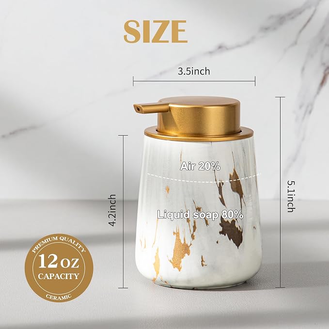 Enra Ceramic Soap Dispenser, 12 oz Gold Marble Hand Lotion Dispenser, Wide-Mouth Refillable Dish Soap Dispenser, Modern Liquid Soap Dispenser for Kitchen & Bathroom Countertop Decor