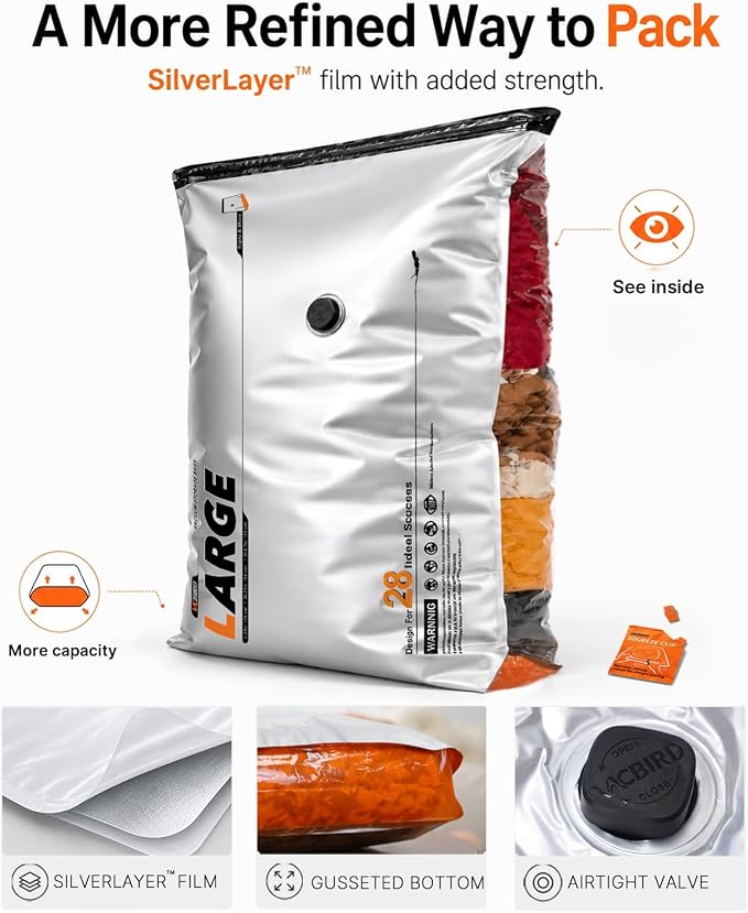 Vacbird 10-Pack Large Vacuum Storage Bags with USB & Battery 2-in-1 Rechargeable Cordless Pump, Space Saver Seal Bags for Home Organization, Bedding, Blankets and Clothing