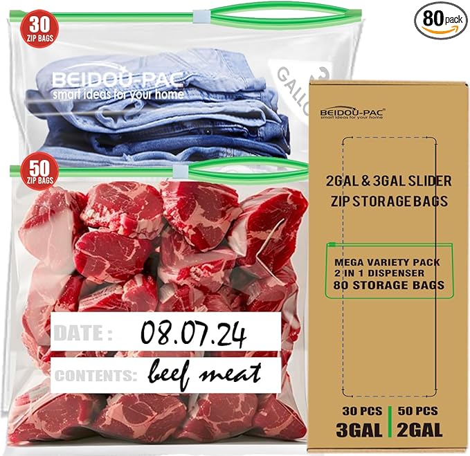 BEIDOU-PAC Combo Large Slider Storage Bags 80 Count, 2 Gallon & 3 Gallon Resealable Variety Pack With Organizer, Reclosable Clear Plastic Bags (Variety Pack)