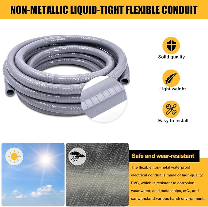 Liquid-Tight Conduit - 1inch 50 Foot Flexible Non Metallic Liquid Tight Electrical Conduit Kit, with 6 Straight and 3 Angle Fittings Included. 1" Dia