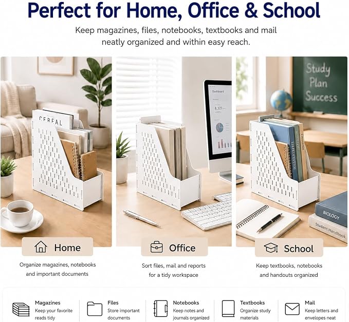 Upright File Organizer Mesh Desktop Magazine Organizer File Sorter White | Durable Desk Organization Vertical File Holder for Office,School,Home, 10.6" 3.9" 11"