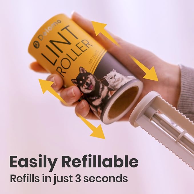 DELOMO Lint Roller for Pet Hair Extra Sticky, Mega Value Set of 600 Sheets | 2 Handles + 6 Rollers, Clean Faster for Clothes, Couch, Bedding, Furniture & Car, Easy Peel Design for Multi-Pet Homes