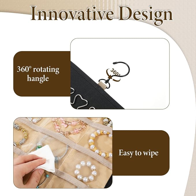 2 Pack Hanging Jewelry Organizer Storage with 43 Pockets and Hooks Dual-Sided Hanging Jewelry Organizers and Storage Hang on Closet, Wall, Door for Earrings, Necklaces, Rings,Blcak