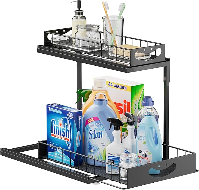 JAQ Under Kitchen Sink Organizer, 2 Tier Metal Slide Out Under Cabinet Storage Shelves Rack for Kitchen Bathroom Pantry Lanudry, Attractive emoji Smile Handle (Black, 1 Pack)