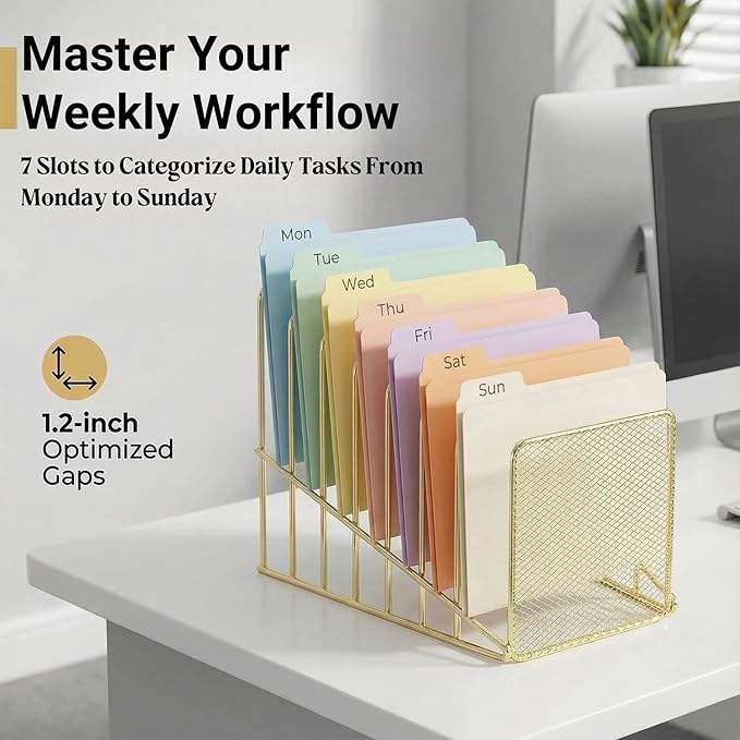 Simmer Stone 2 pcs Incline File Sorter, 7 Slot Magazine Holder for Letter, Document, Folder and Book, Metal Desktop Organizer Rack for Home, School and Office (2-gold)