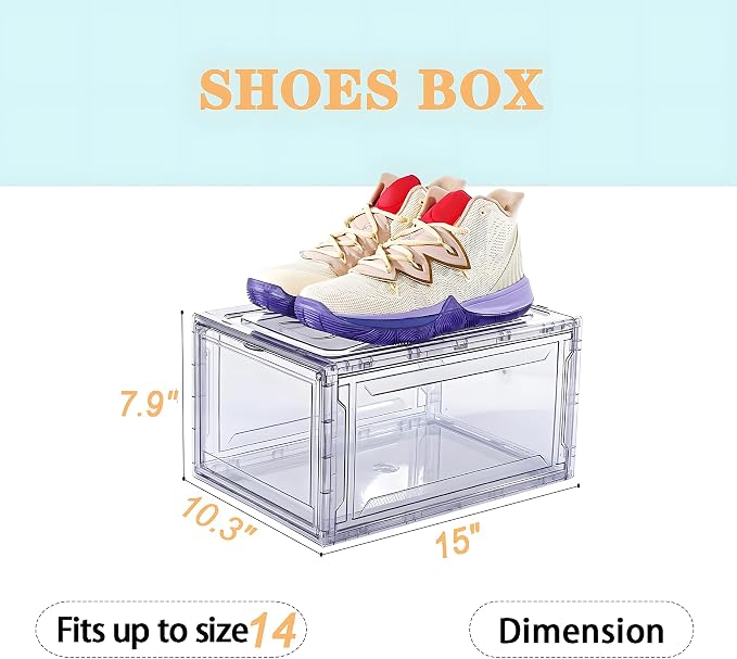12 Pack Acrylic Clear Shoe Boxes– Ultra Clear Plastic Stackable Sneaker Storage For Sneakerhead. Professional Grade Shoe Display Case with Magnetic Door .Boots and Hat Organizer.Fits US Size 15