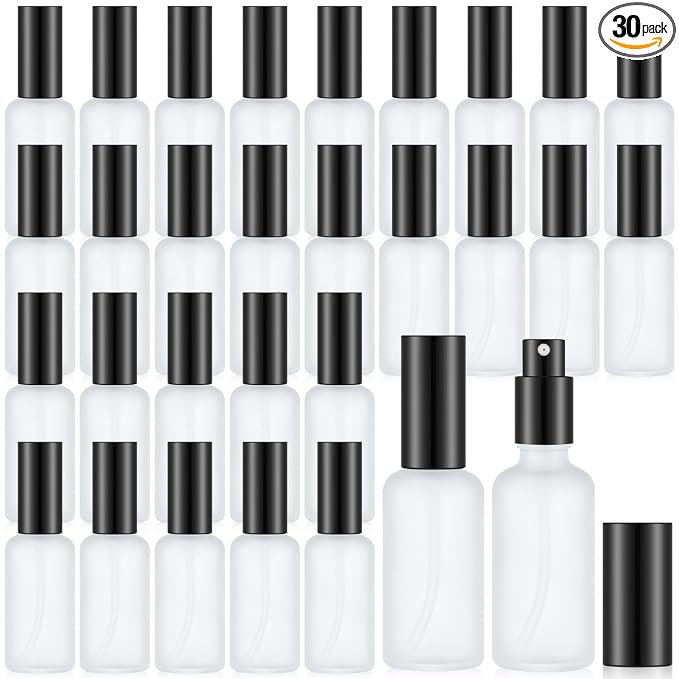 Roshtia 30 Pcs Glass Spray Bottle Clear Empty Bottles Small Refillable Reusable Perfume Bottle with Fine Mist Sprayer Pump for Face Body Travel(1.69 oz,Black)