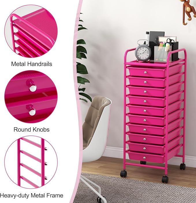 GOFLAME 10-Drawer Rolling Storage Drawer Cart, Utility Cart with Removable Drawers & Metal Frame, Mobile Art Craft Drawer Cart with Lockable Wheels for Home, Office, Studio, School, Hot Pink
