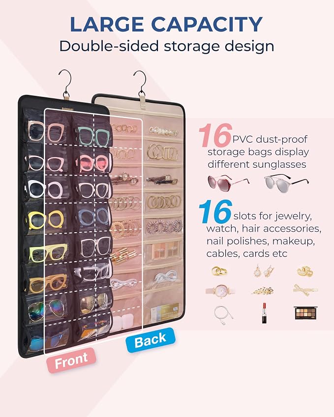 BAGSMART Hanging Jewelry Organizer, Dust Proof Sunglasses Storage Case Wall Mounted, Travel Dual Sided Glasses Case Multiple Pairs, Eyeglasses Holder with 32 Clear Slots & Metal Hook, Black