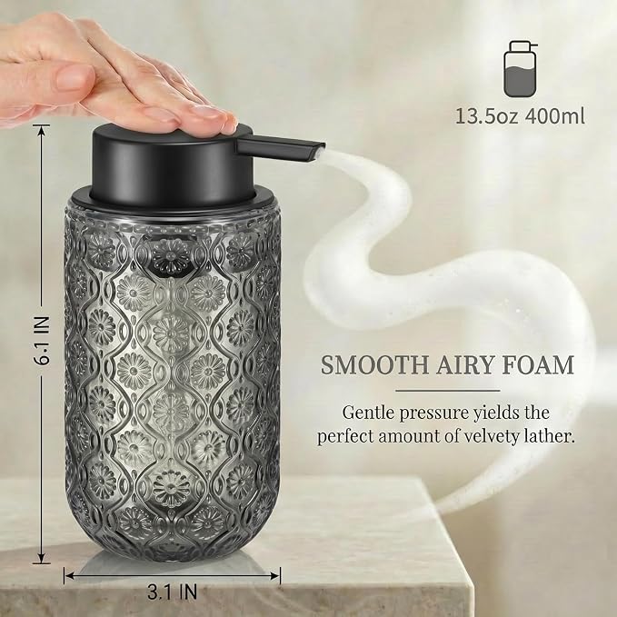 Gray Glass Foaming Hand Soap Dispenser with Matte Black Pump Thick Embossed Bottle Refillable for Bathroom and Kitchen Decor 13.5 oz