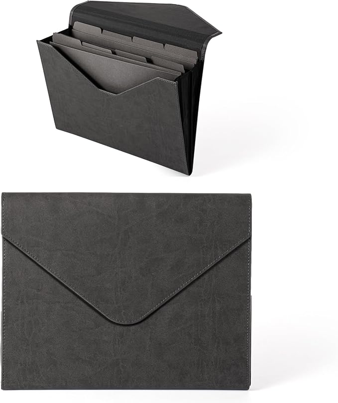 PU Leather Heavy-Duty Expanding File Folder, A5/US Letter Size Document Organizer with 8 Paper File Folder, 4-1/2 Inch Expansion, Grey – for Office, Auto Shop, School Paperwork.