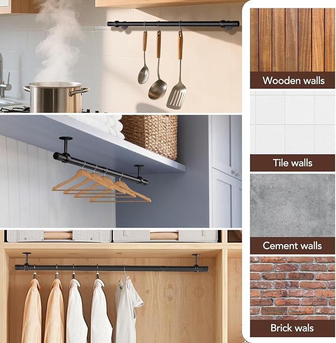 SUTINE Closet Rod, Closet Rods for Hanging Clothes, 17 to 67 inch Adjustable Ceiling/Wall mounted Closet Hanging Rod, Heavy Duty Clothes Rod Clothing Bar, Closet Poles for Hanging Clothes for Wardrobe