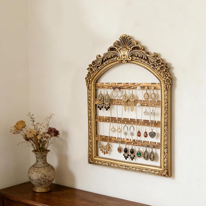 Large Hanging Earring Jewelry Organizers, 13 x 9.3 Inch 4 Layer Vintage Gold Arched Frame, Wall Mounted Jewelry Holder, Decorative Earring Organizer Display for Stud Earring Bracelet Necklace Ring