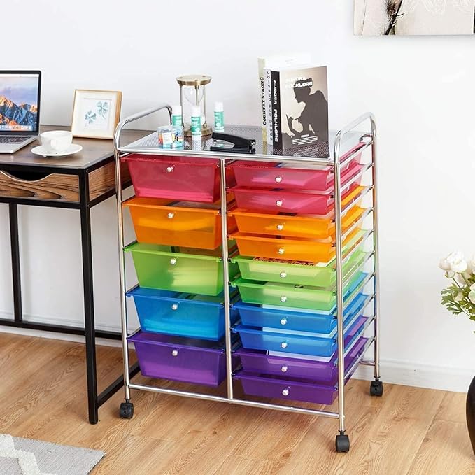 LUARANE Rolling Cart with 15 Drawers, Craft Storage Cart with Portable Handles & Lockable Wheels, Mobile Toys Organizer, Large Capacity Utility Drawer Cart Home Office School Teacher (Rainbow)