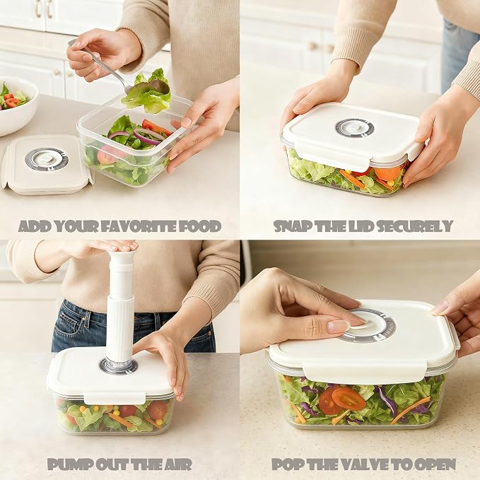 VICARKO 3 PCS Stackable Vacuum Food Storage Containers Set with Hand Pump | Keep Food Fresh Up to 5X Longer, 17 oz/ 34 oz/ 68 oz, White, BPA-Free, Airtight, Leakproof, Date Tracker, Seal Meal Saver