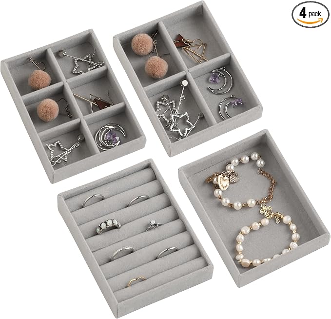 Frebeauty Small Jewelry Organizer for Drawer,Set of 4 Velvet Jewelry Trays | Jewelry Box Inserts,Drawer Inserts,Vanity Drawer Organizer,Mini Size,Stackable Earring Organizer,Adjustable Dividers
