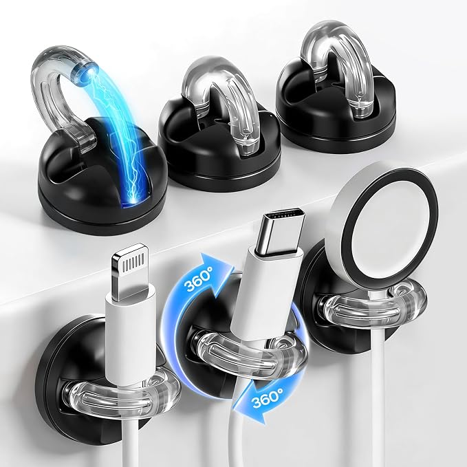 6 Pack 360° Rotatable Magnetic Cable Clips, Under Desk Cable Holder, Acrylic Adhesive Cord Holder, Wire Cord Organizer for Phone Charger Cords, Home Office Car Wall Desktop(Black)